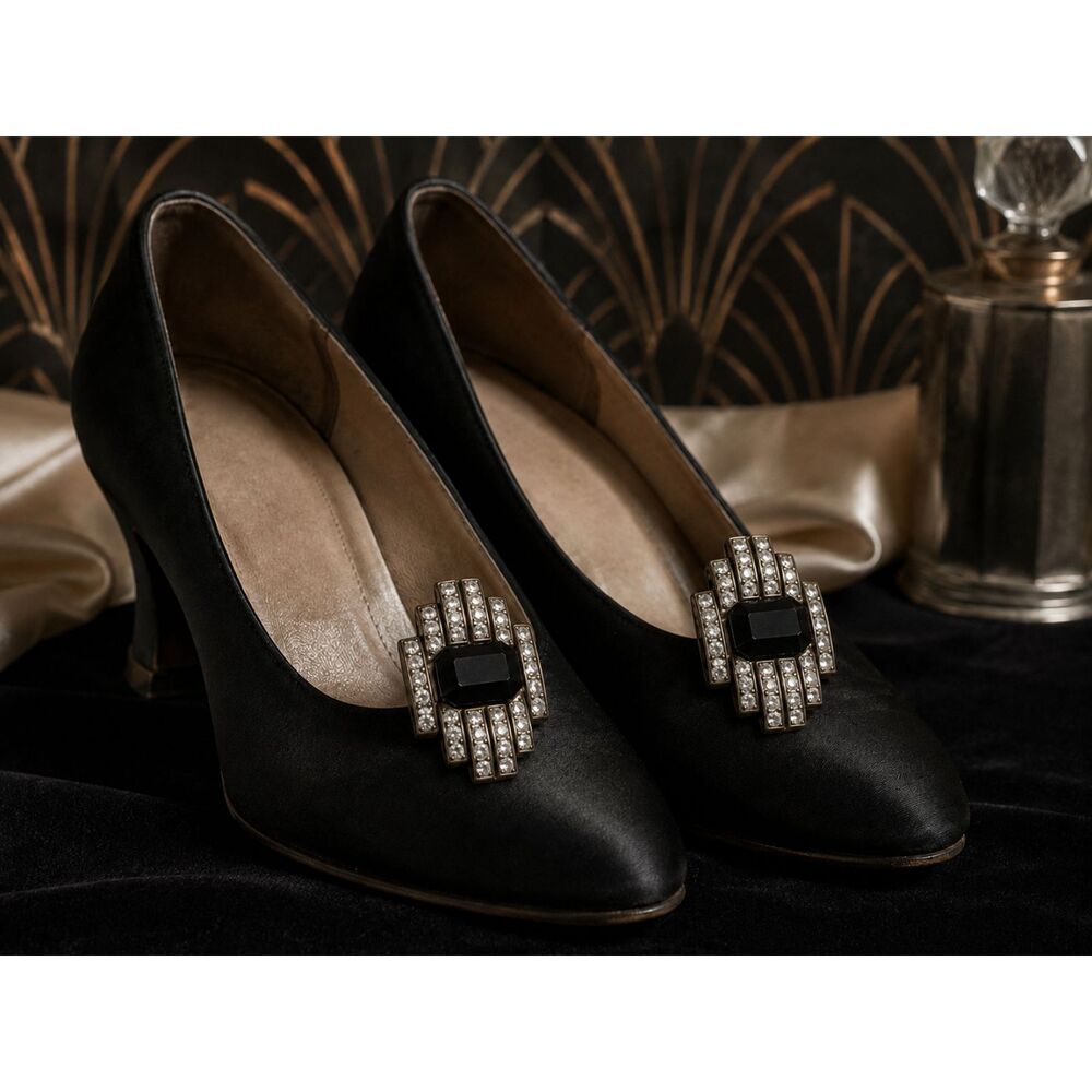 Antique 1930s 1940s Art Deco Rhinestone Shoe Clips Black Glass Pair